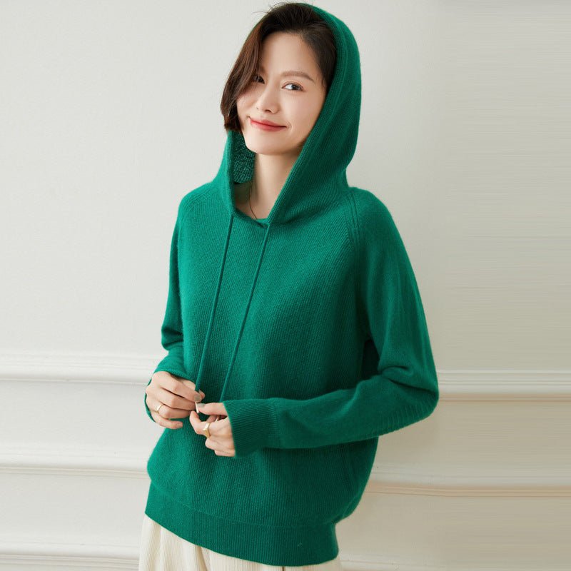 Women Long Sleeve Cashmere Hoodie Knit Cashmere Hoodie With Drawstring