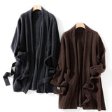 Womens Belted Shawl Collar Cashmere Coat Patch Pockets Long Cardigan