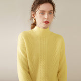 Womens Mock Neck Cable Knit Cashmere Sweater Textured Cashmere Pullover Yellow XS