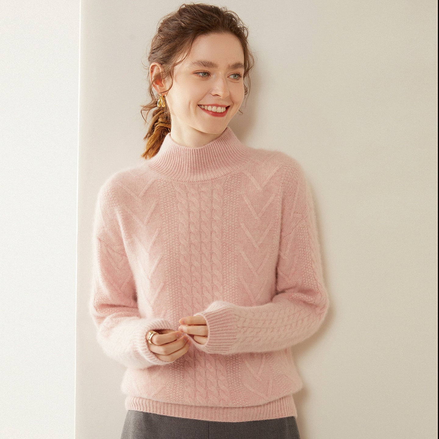 Womens Mock Neck Cable Knit Cashmere Sweater Textured Cashmere Pullover Pink XS
