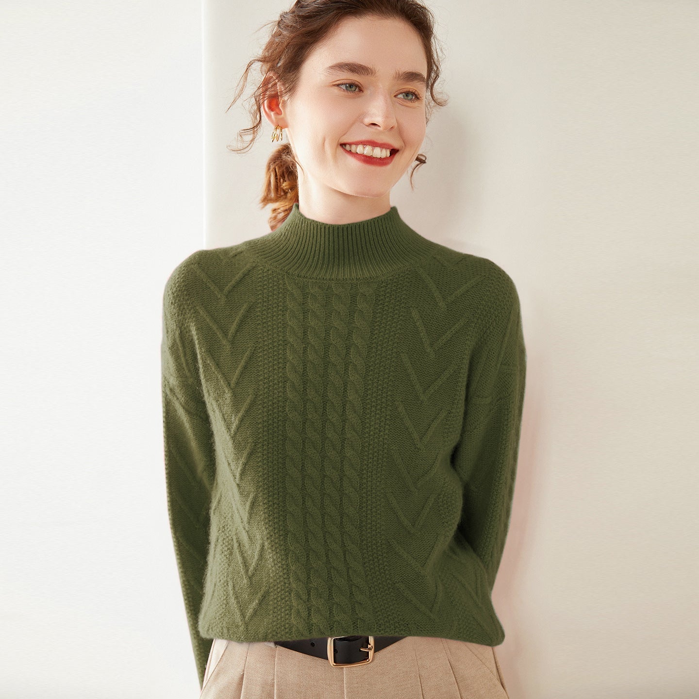 Womens Mock Neck Cable Knit Cashmere Sweater Textured Cashmere Pullover Olive Green XS