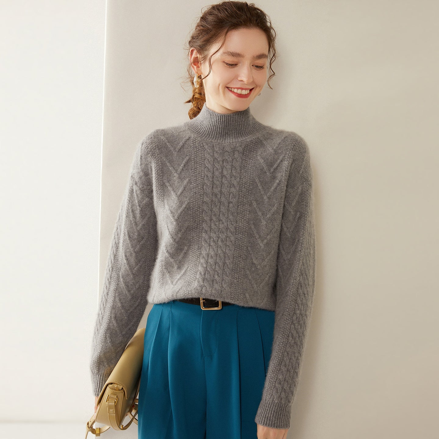 Womens Mock Neck Cable Knit Cashmere Sweater Textured Cashmere Pullover Gray XS