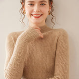 Womens Mock Neck Cashmere Ribbed Sweater Cashmere Pullover Camel XS