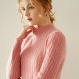 Womens Mock Neck Cashmere Sweater Cable Knit Long Sleeve Cashmere Pullover Pink XS