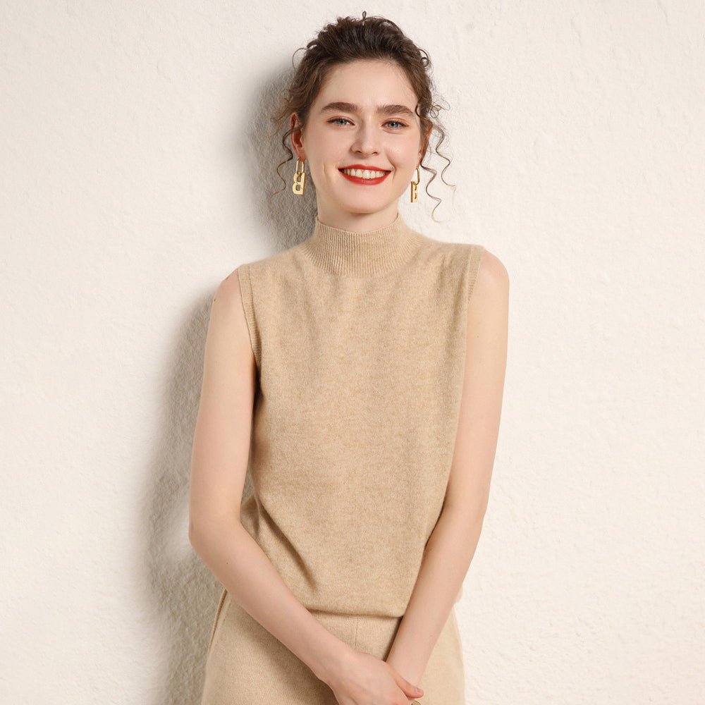Womens Mock Neck Cashmere Sweater Vest Sleeveless Cashmere Knit Top Taupe XS