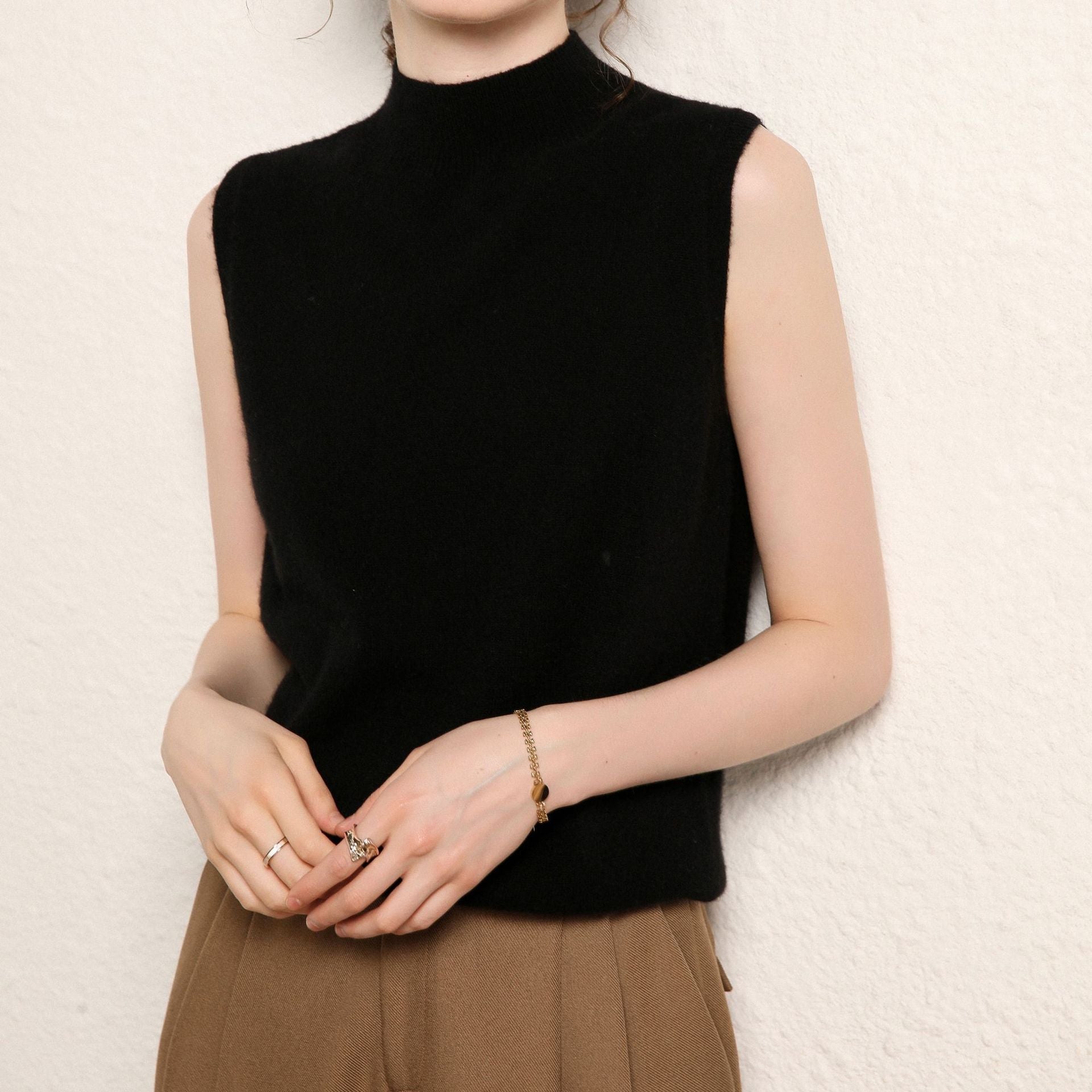 Womens Mock Neck Cashmere Sweater Vest Sleeveless Cashmere Knit Top Black XS