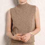 Womens Mock Neck Cashmere Sweater Vest Sleeveless Cashmere Knit Top Taupe XS