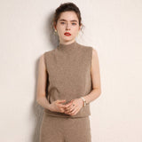 Womens Mock Neck Cashmere Sweater Vest Sleeveless Cashmere Knit Top Taupe XS