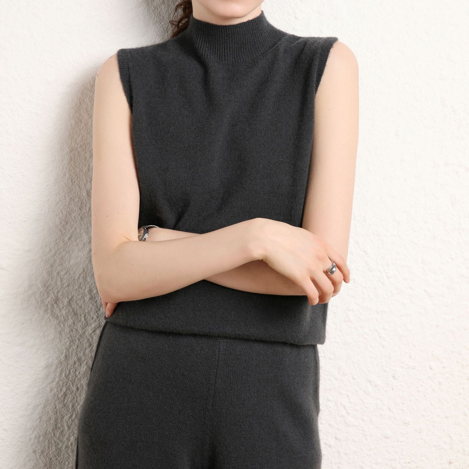 Womens Mock Neck Cashmere Sweater Vest Sleeveless Cashmere Knit Top Gray XS