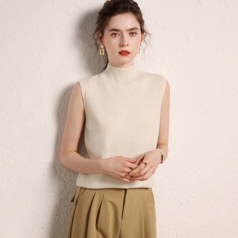 Womens Mock Neck Cashmere Sweater Vest Sleeveless Cashmere Knit Top Taupe XS