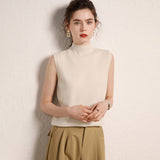 Womens Mock Neck Cashmere Sweater Vest Sleeveless Cashmere Knit Top Taupe XS