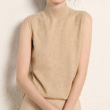 Womens Mock Neck Cashmere Sweater Vest Sleeveless Cashmere Knit Top Beige XS