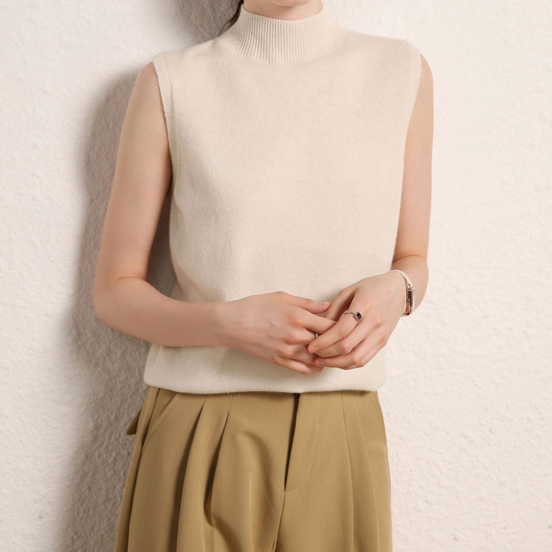 Womens Mock Neck Cashmere Sweater Vest Sleeveless Cashmere Knit Top Ivory XS