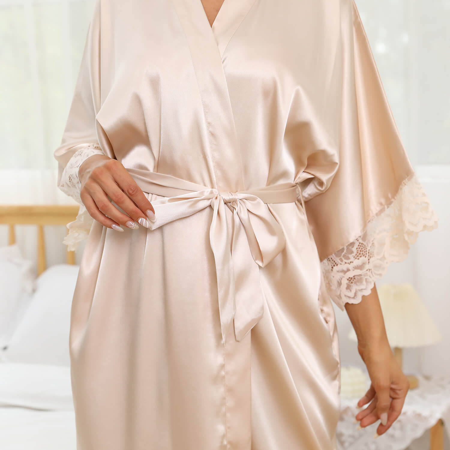 Womens Pure Silk Kimono With Lace Silk Bridesmaid Robes