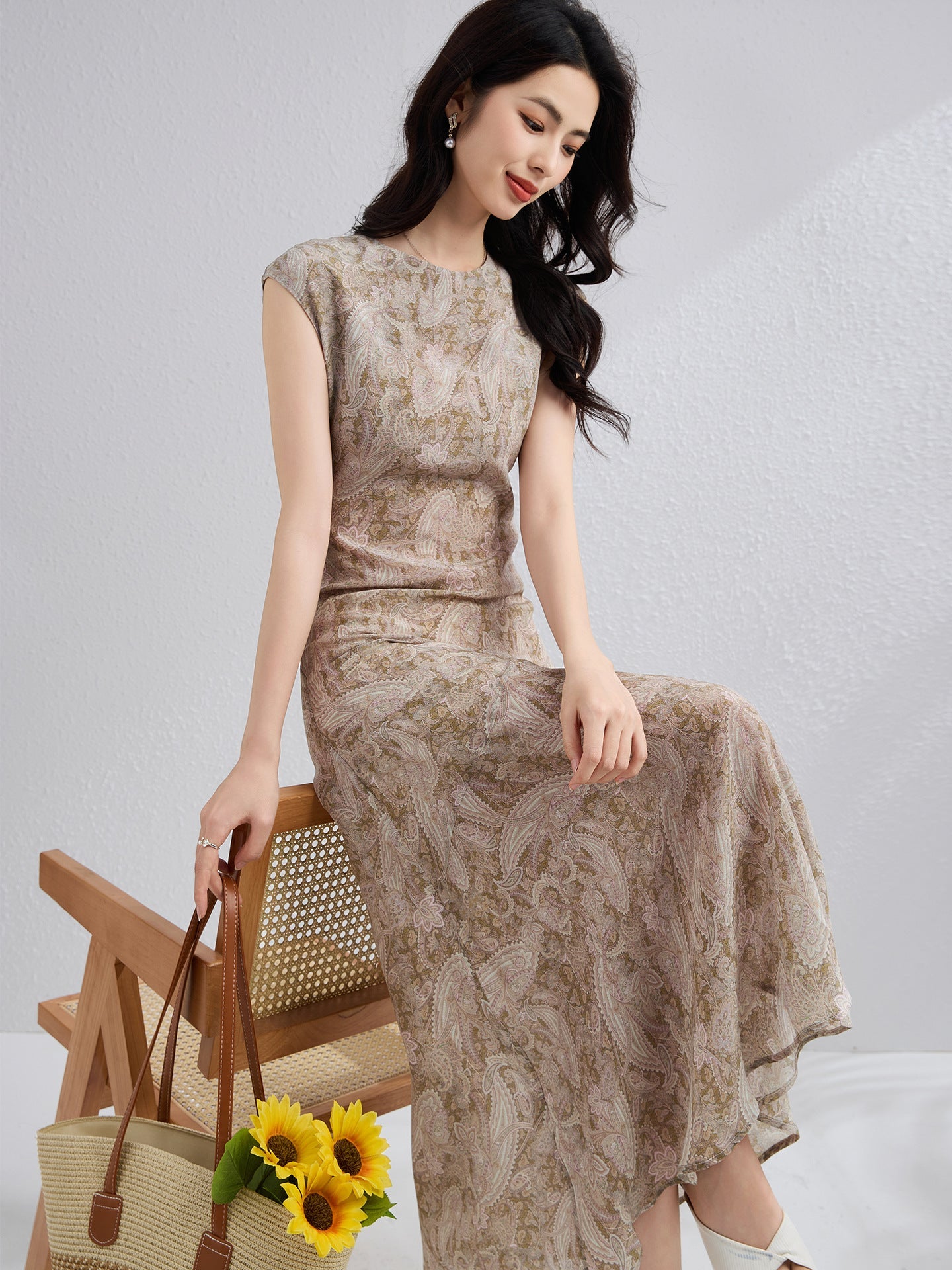 Womens Paisley Print Silk Maxi Dress Cap Sleeve Long Silk Dress Brown XS