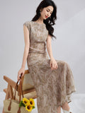 Womens Paisley Print Silk Maxi Dress Cap Sleeve Long Silk Dress Brown XS