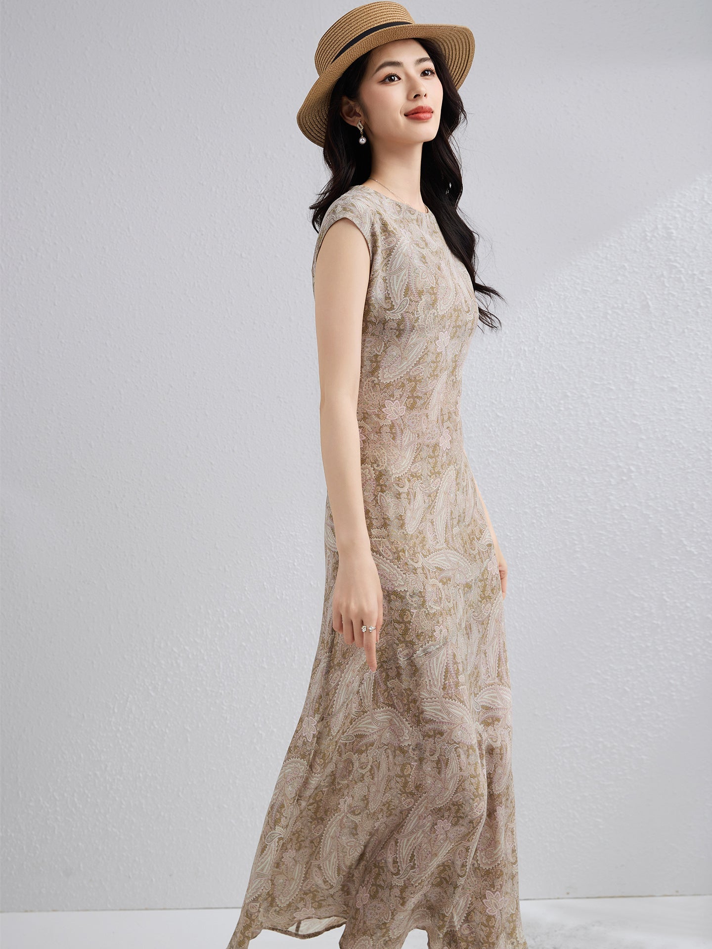 Womens Paisley Print Silk Maxi Dress Cap Sleeve Long Silk Dress Brown XS