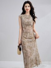 Womens Paisley Print Silk Maxi Dress Cap Sleeve Long Silk Dress Brown XS