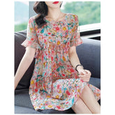 Womens Pink Floral Silk Mini Dress Tiered Ruffle Loose Silk Dress