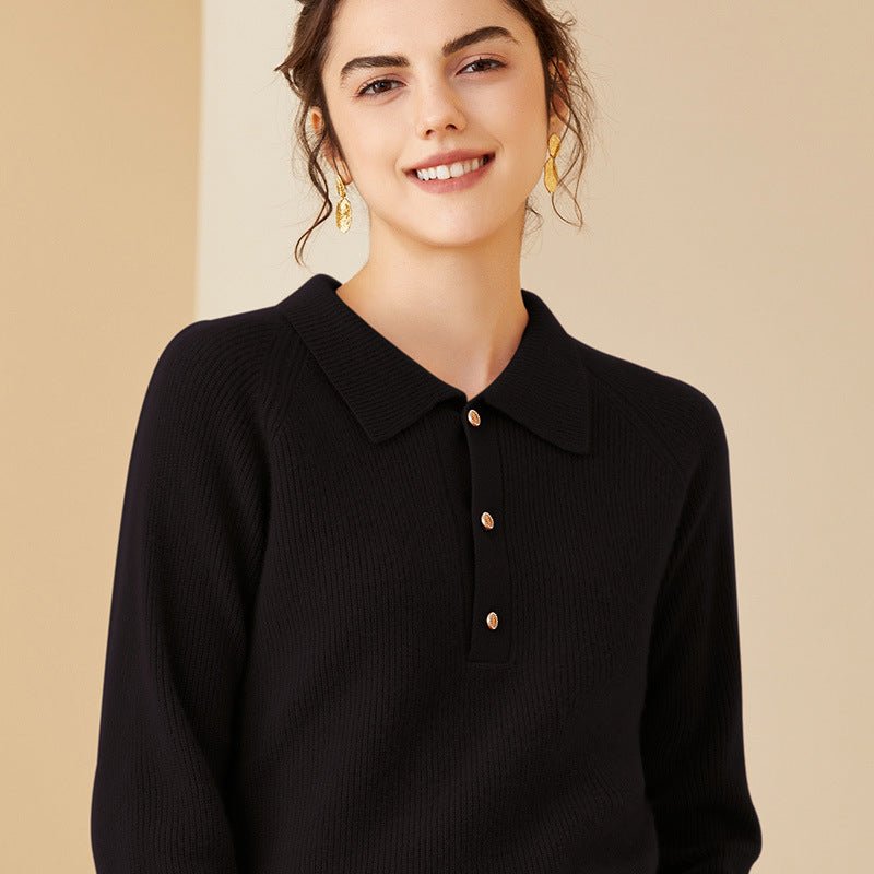 Womens Ribbed Cashmere Polo Sweater Button - Up Long Sleeves Sweater