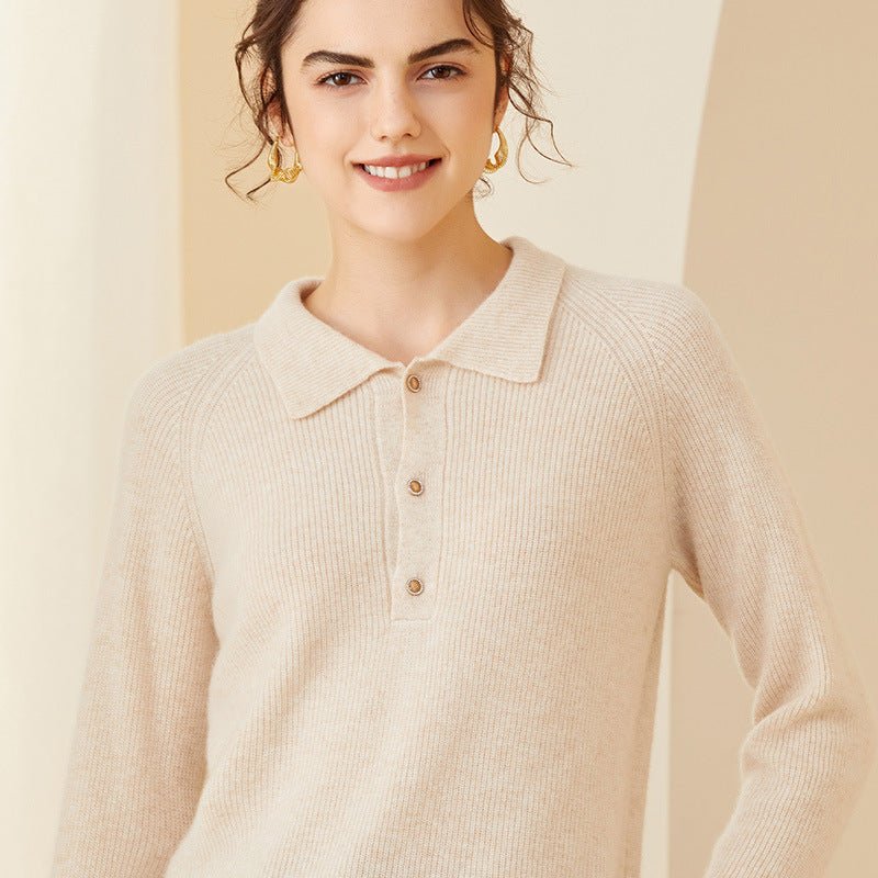 Womens Ribbed Cashmere Polo Sweater Button - Up Long Sleeves Sweater