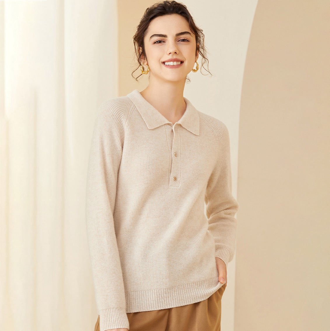 Womens Ribbed Cashmere Polo Sweater Button - Up Long Sleeves Sweater