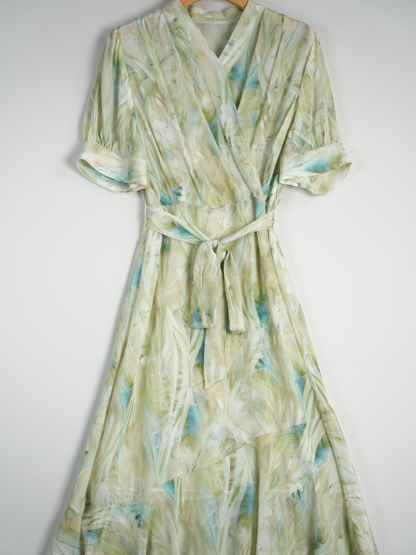 Womens Puff Sleeve Silk Floral Dress Silk Wrap Midi Dress with Waist Tie Green XS