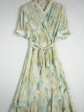 Womens Puff Sleeve Silk Floral Dress Silk Wrap Midi Dress with Waist Tie Green XS