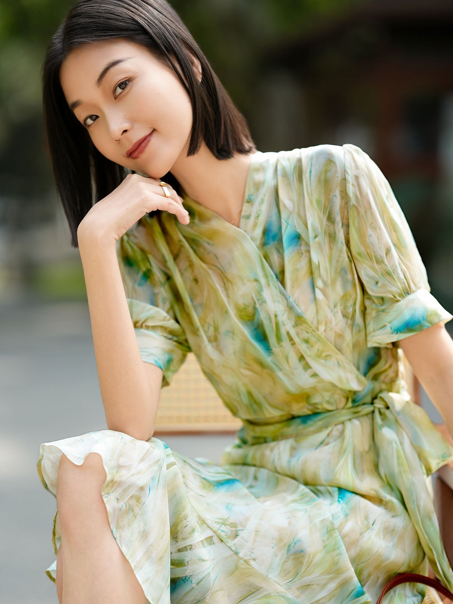 Womens Puff Sleeve Silk Floral Dress Silk Wrap Midi Dress with Waist Tie Green XS