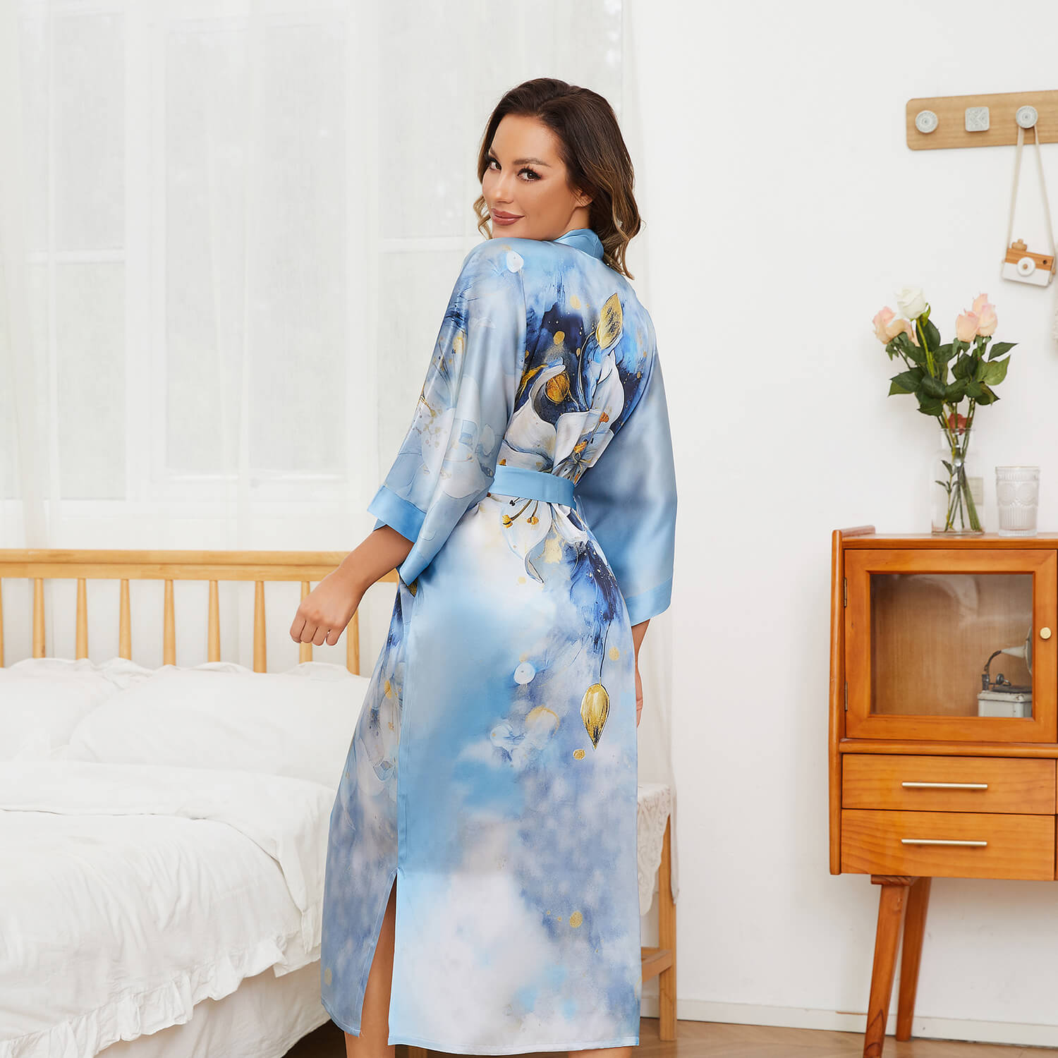 Womens Pure Silk Kimono Robes Long Floral Print Silk Robes
