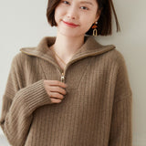 Womens Ribbed Half - Zip Collar Long Sleeve Cashmere Sweater