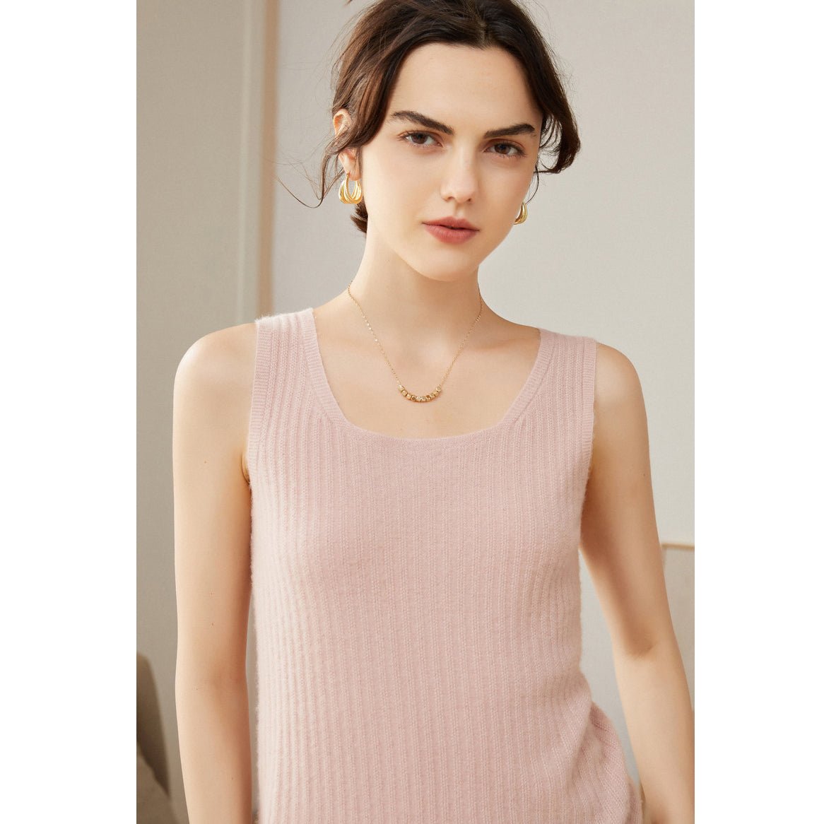 Women's Ribbed Knit Scoop Neck Sleeveless Cashmere Vest U - Neck Cashmere Tank