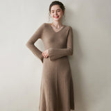 Womens Ribbed V-Neck Cashmere Midi Dress with Flared Sleeves Taupe XS
