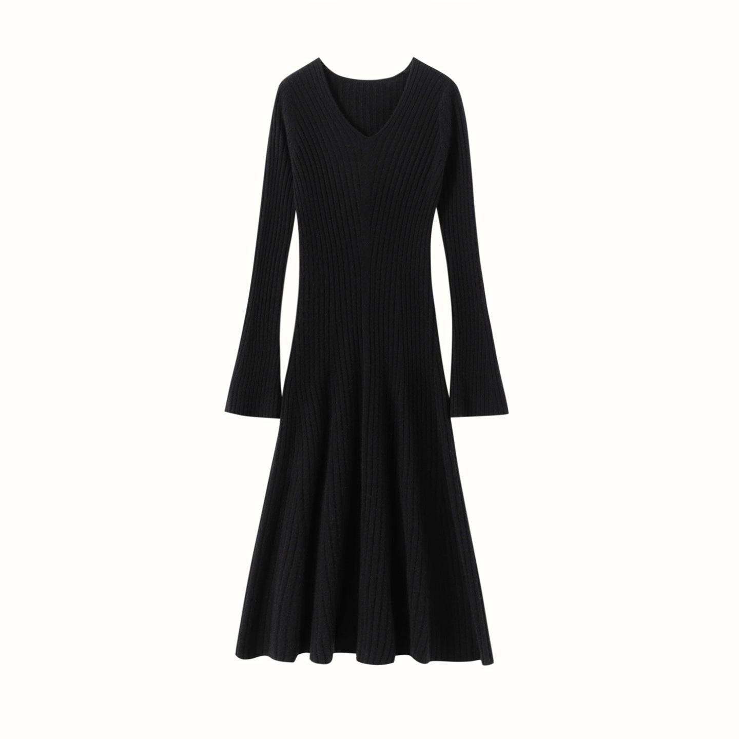 Womens Ribbed V-Neck Cashmere Midi Dress with Flared Sleeves Black XS