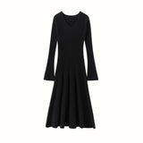 Womens Ribbed V-Neck Cashmere Midi Dress with Flared Sleeves Black XS