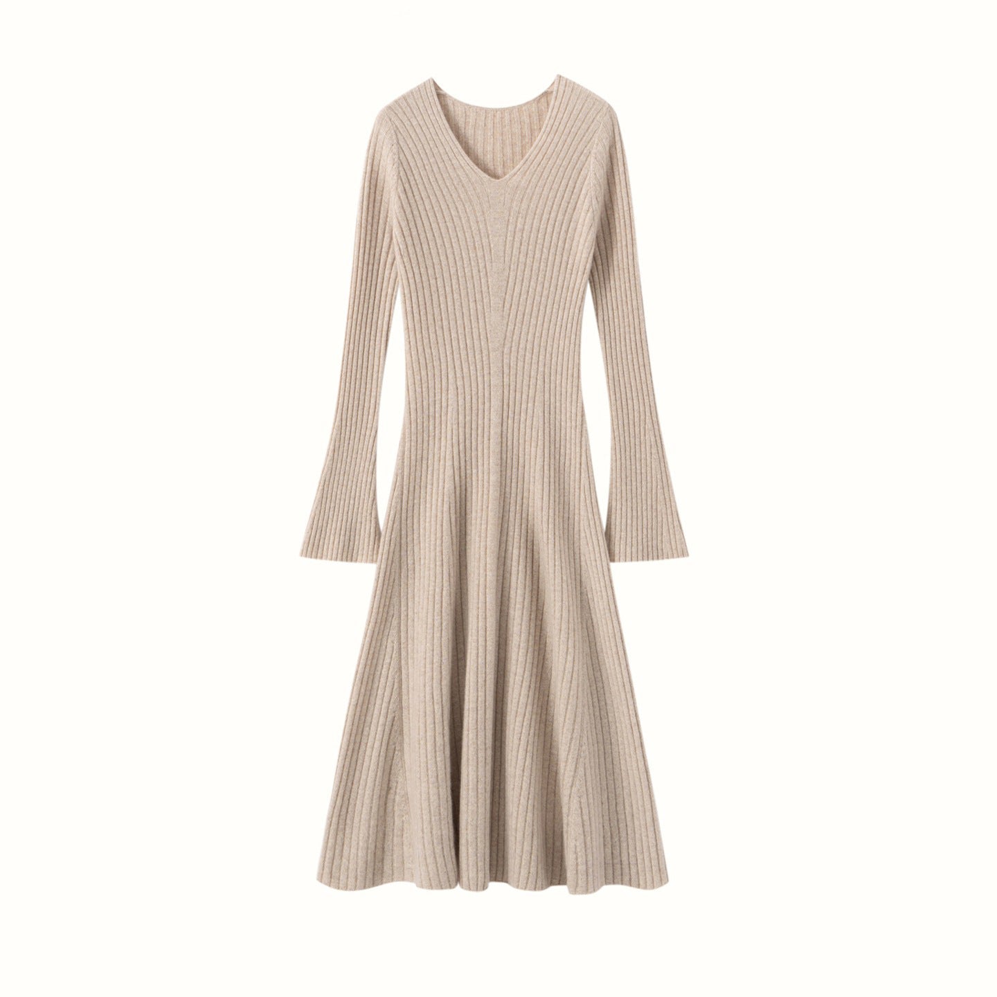Womens Ribbed V-Neck Cashmere Midi Dress with Flared Sleeves Beige XS