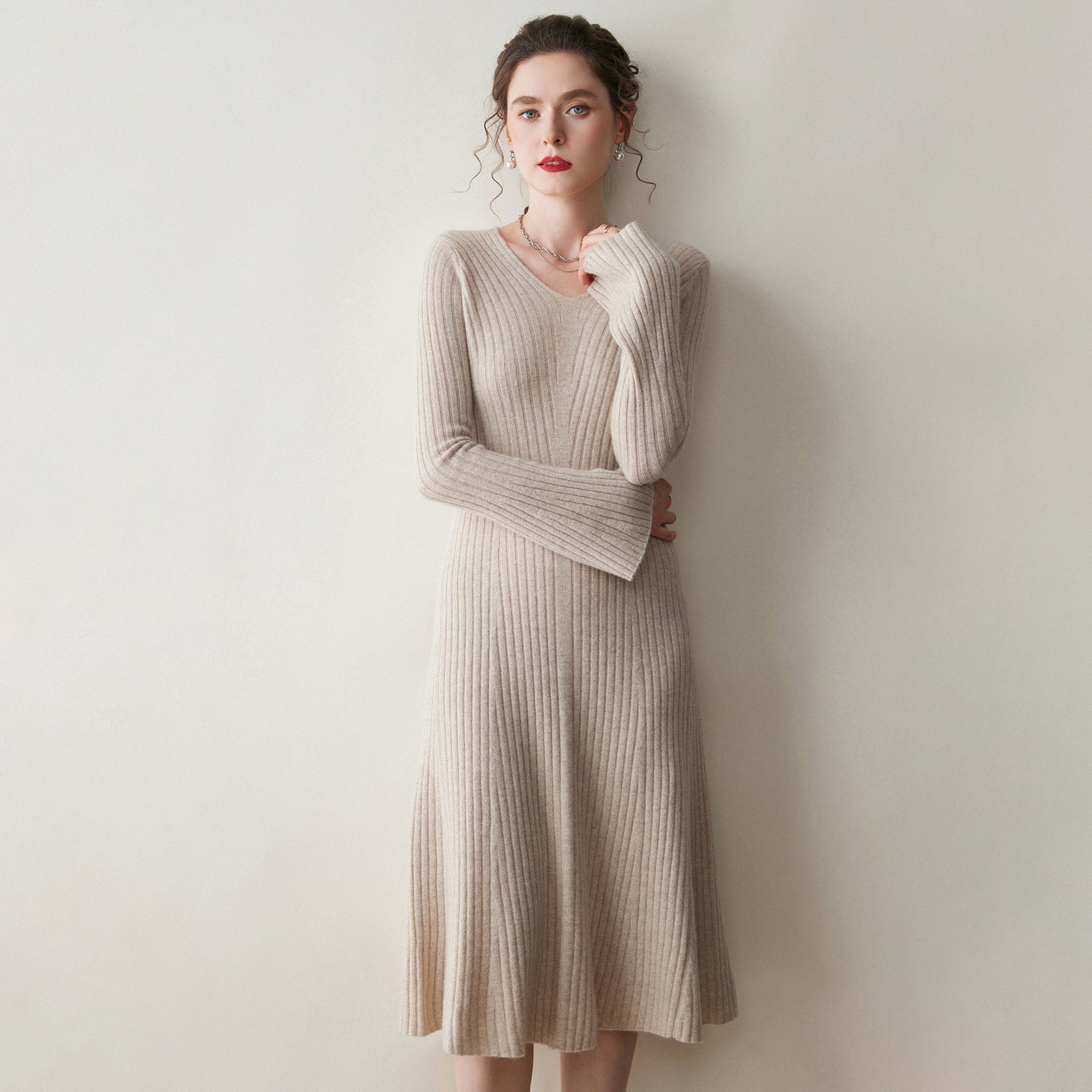Womens Ribbed V-Neck Cashmere Midi Dress with Flared Sleeves Beige XS