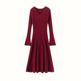 Womens Ribbed V-Neck Cashmere Midi Dress with Flared Sleeves Black XS