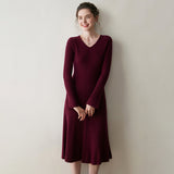Womens Ribbed V-Neck Cashmere Midi Dress with Flared Sleeves Claret XS