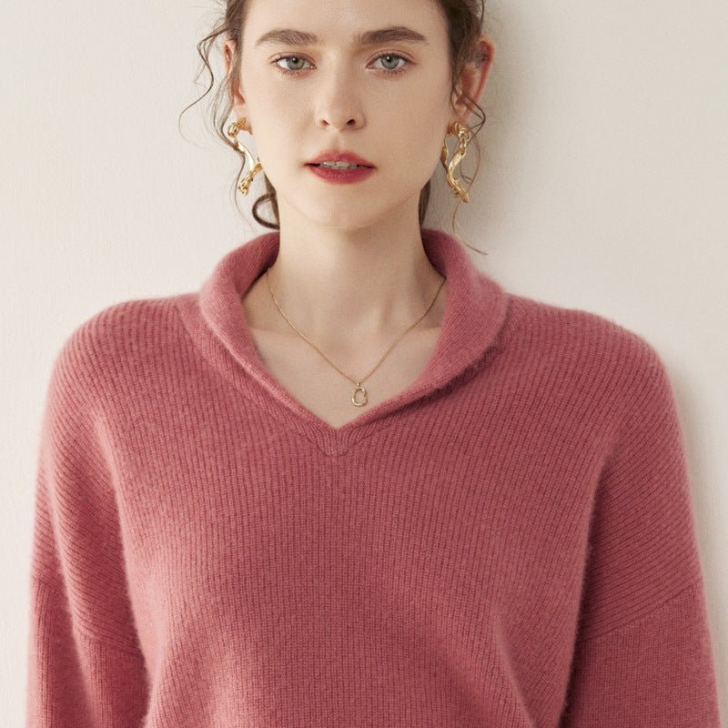 Womens Shawl Collar Cashmere Sweater V Neck Long Sleeve Cashmere Pullover Pink XS