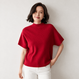 Womens Short Sleeve Cashmere Sweater Mock Neck Cashmere Knit Top Red XS