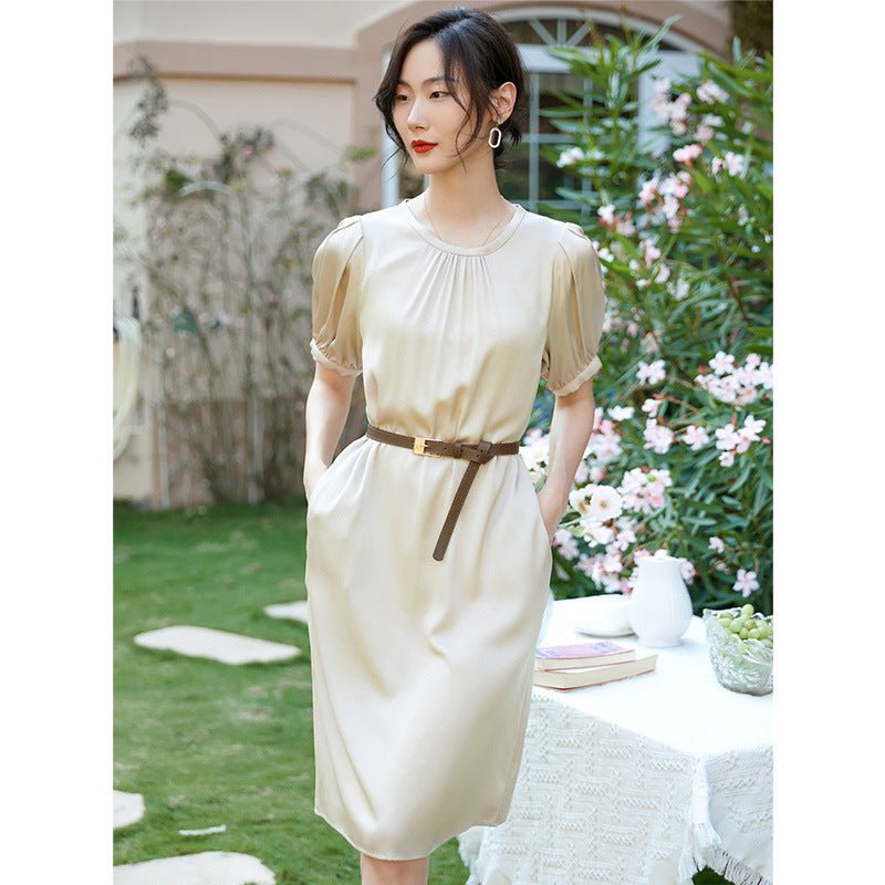 Womens Silk Belted Knee Length Dress Puff Sleeve Gathered Neck Silk Dress
