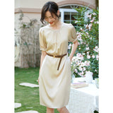 Womens Silk Belted Knee Length Dress Puff Sleeve Gathered Neck Silk Dress
