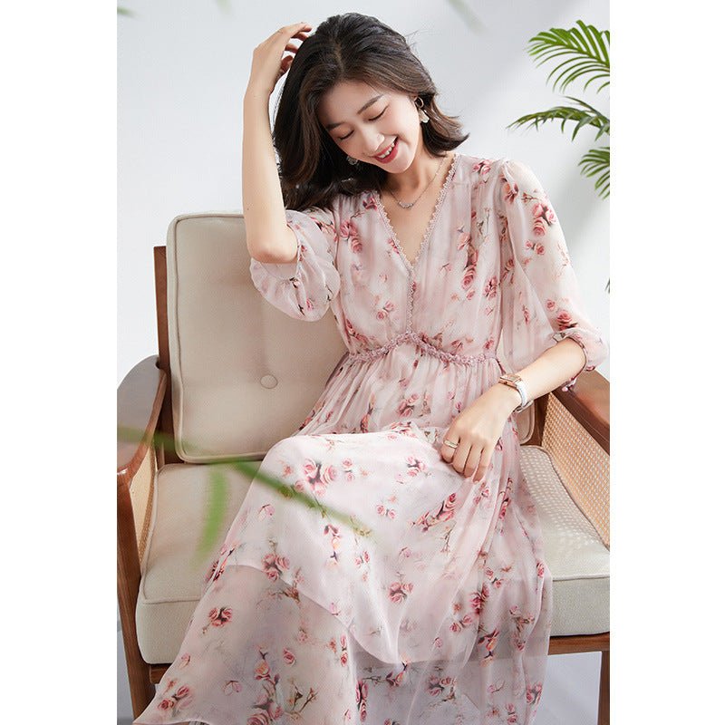 Womens Silk Chiffon Midi Dress Floral Print Gathered Waist Pink Silk Dress