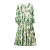 Womens Silk Chiffon Midi Dress Watercolor Leaf Print Sheer Sleeve Green Silk Dress