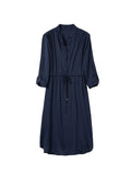 Womens Silk Dress Long Sleeve Silk Shirt Dress with Drawstring Waist Navy Blue XS