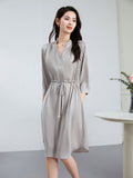 Womens Silk Dress Long Sleeve Silk Shirt Dress with Drawstring Waist Gray XS