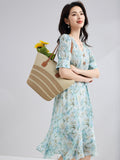 Womens Silk Floral Dress with Waist Tie Puff Sleeve Silk Midi Dress Blue XS