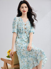 Womens Silk Floral Dress with Waist Tie Puff Sleeve Silk Midi Dress Blue XS