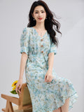Womens Silk Floral Dress with Waist Tie Puff Sleeve Silk Midi Dress Blue XS